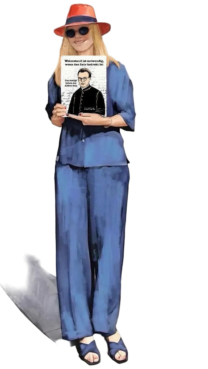 A full-body illustrated figure of a woman wearing a blue matching outfit, orange hat, black sunglasses, and blue sandals, holding a newspaper in front of her face against a plain white background.